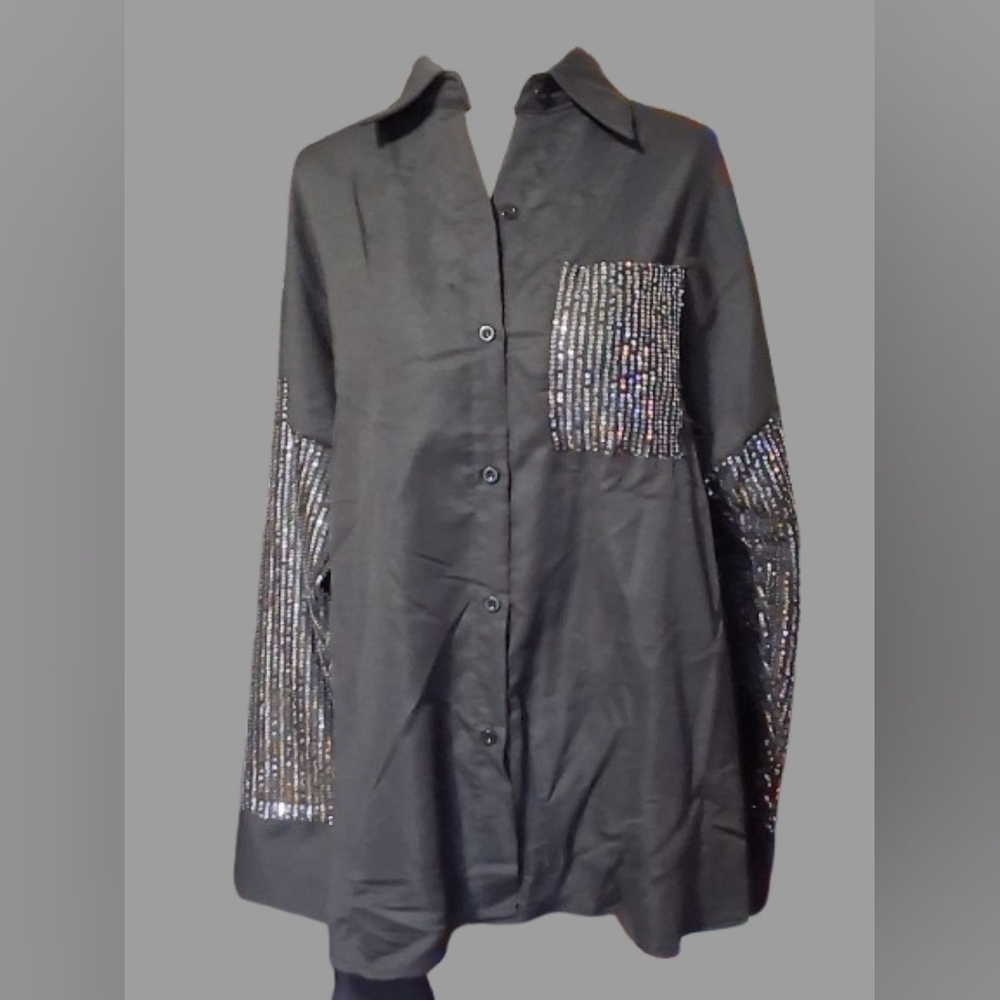 NWT WOWO Black Button-Down Shirt, Sequin Details On Pocket and Full Sleeves, LG